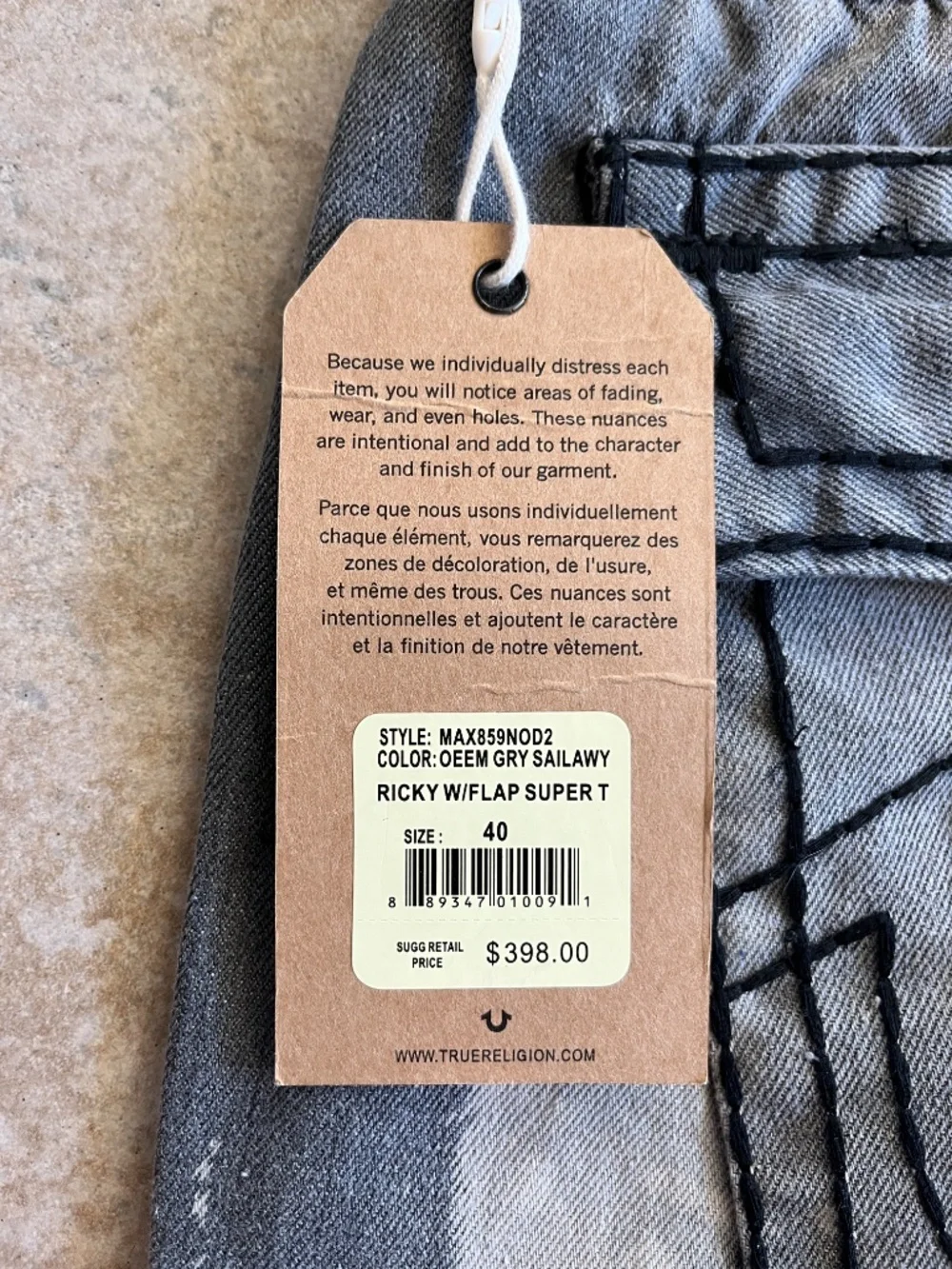 NWT True Religion Rick Super T Straight Jeans Mens 40x32 Grey Distressed style